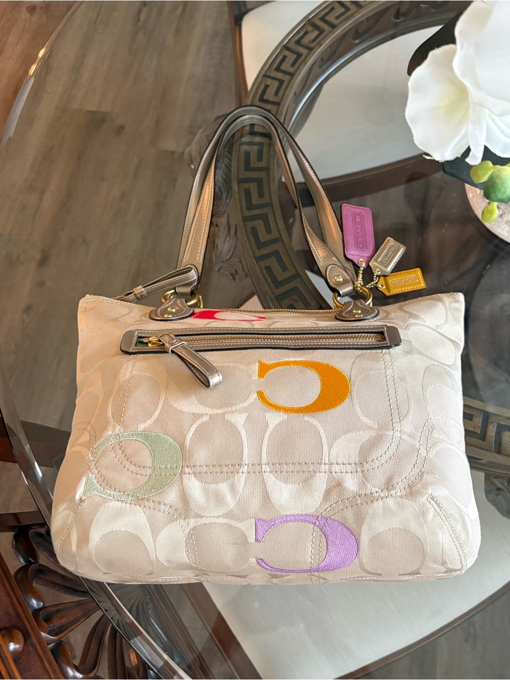 πππ©·COACH POPPY SIGNATURE βCβ KHAKI/JACQUARD & LEATHER TOTE BAG!πππ©· - Picture 5 of 10